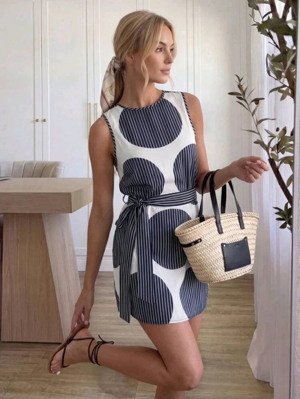 Women's White Polka Dot Round Neck Sleeveless Casual Elegant Mini Dress